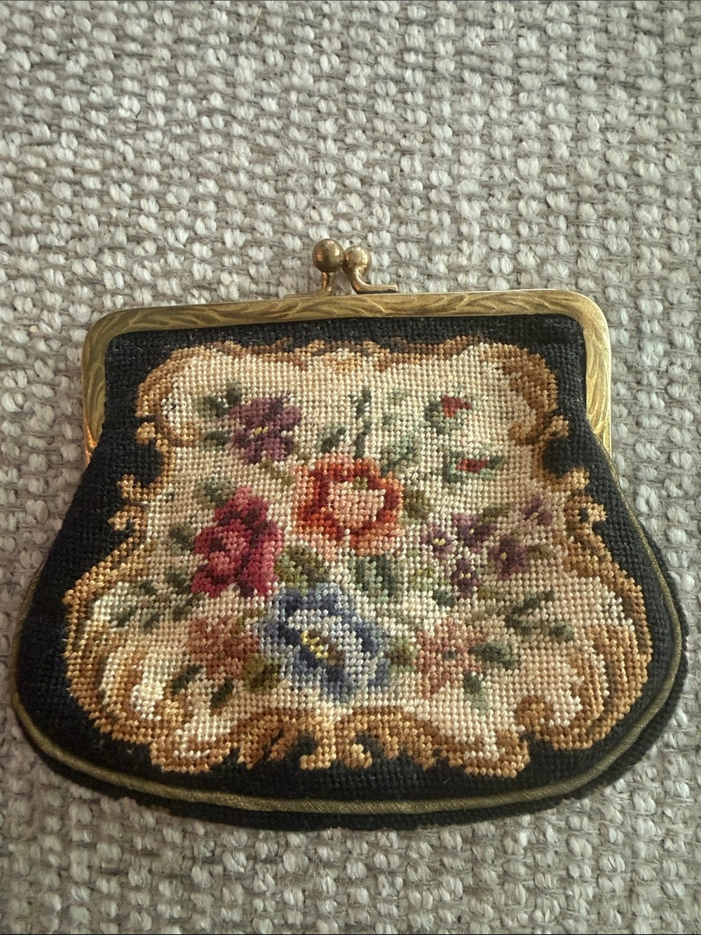 Vintage Floral Needlepoint Coin Purse in Black and Multicolor